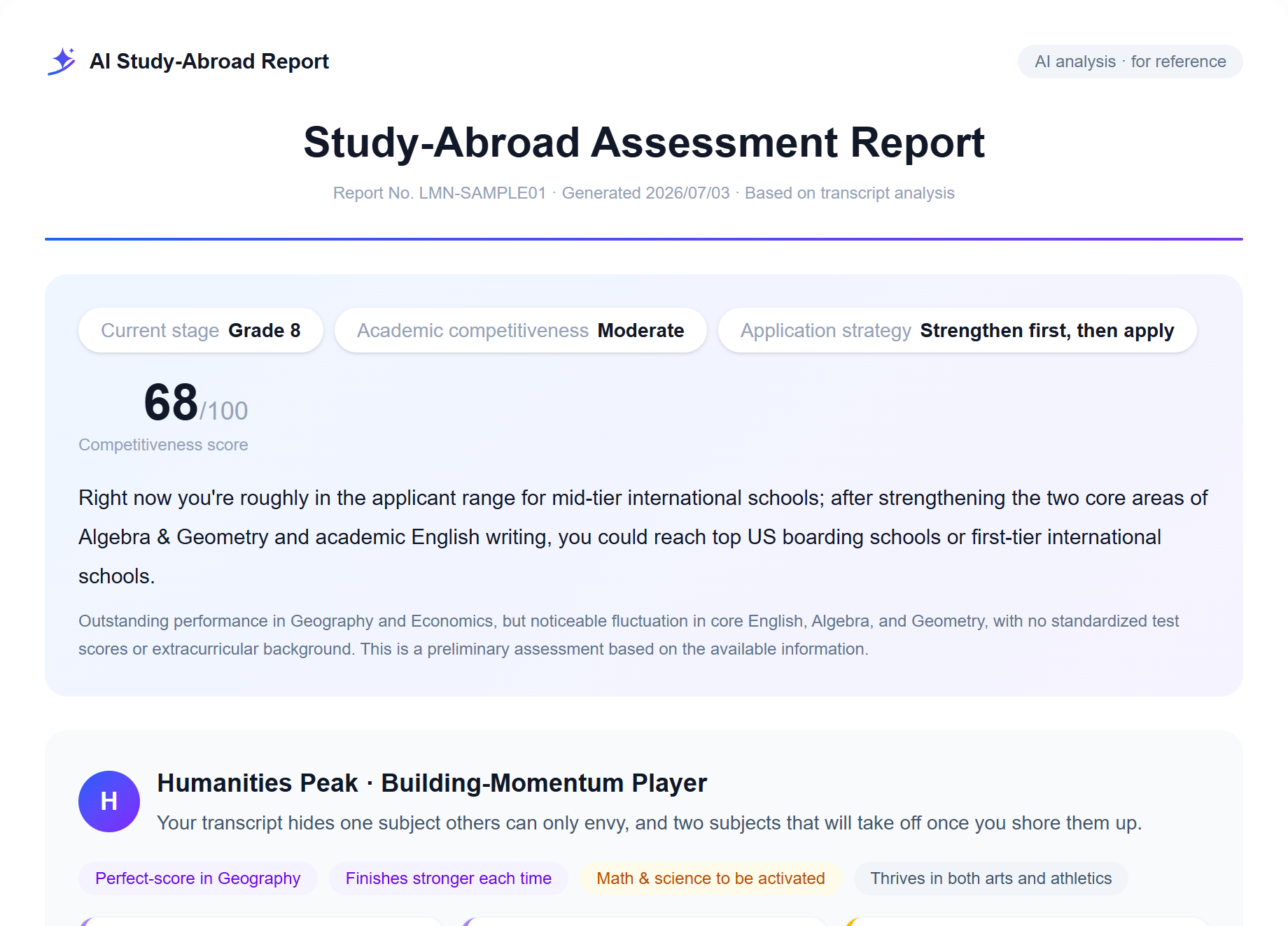 Report screenshot: summary with competitiveness score, current stage, strategy, and key takeaway